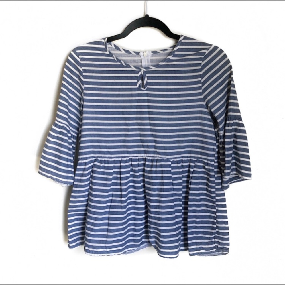 Blue and White Striped Bell Sleeve Keyhole Blouse